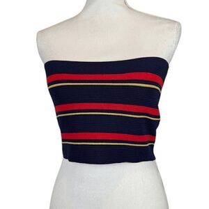 Kendall & Kylie Striped Stretch Ribbed Tube Top Navy Blue Red Yellow Size Medium